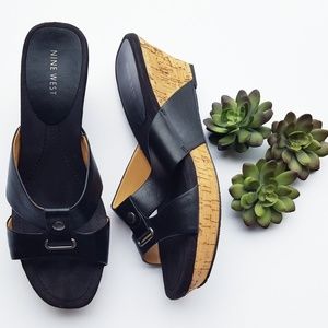 Nine West Cork Wedge Black Leather Sandal
